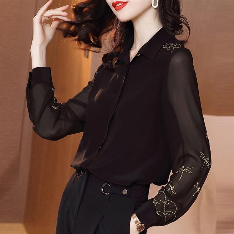 Áo Sơ Mi Nữ Công Sở Đen Phối Ren Thêu Ngọt Ngào SM15- Hàng Quảng Châu Cao Cấp