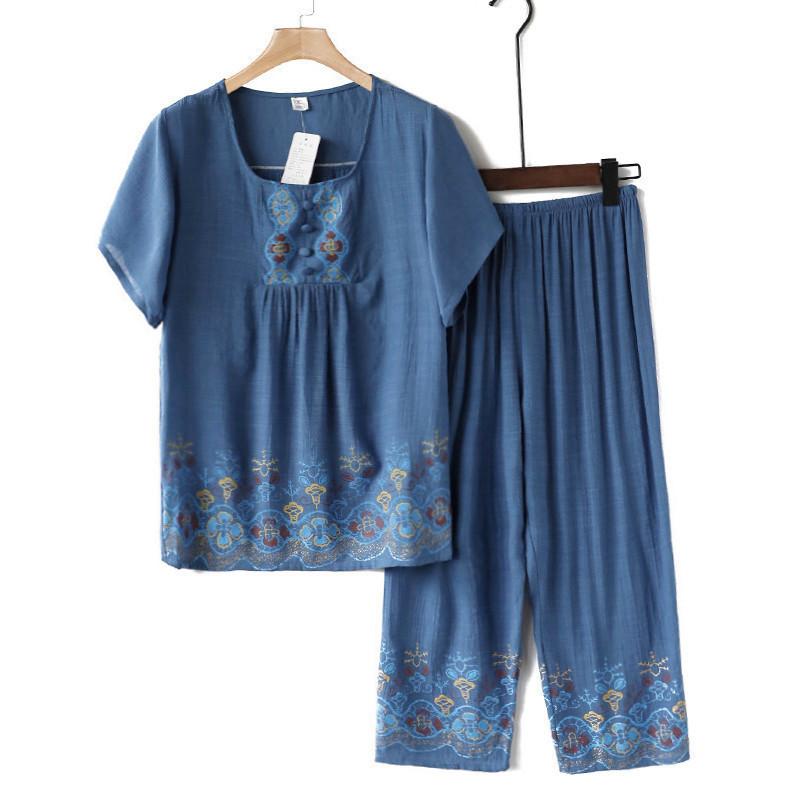 Bộ Quần Áo Ngắn Tay Hai Mảnh Vải Cotton Lanh Mùa Hè Cho Mẹ AB26 - Hàng Quảng Châu Cao Cấp