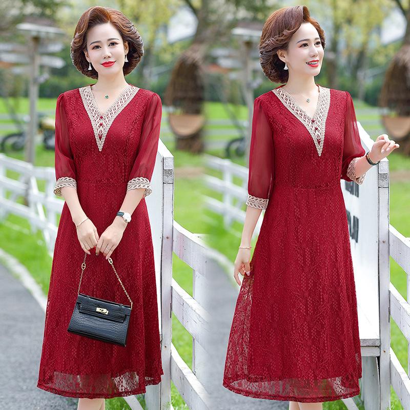  Váy Dài Cổ V Thanh Lịch Phối Ren Cho Mẹ VH26 - Hàng Quảng Châu Cao Cấp