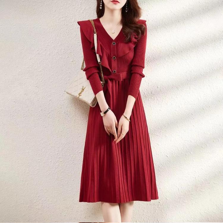 Váy Dệt Kim Có Diềm Xếp Nếp Cổ V Khí Chất Nhật Bản VH37 - Hàng Quảng Châu Cao Cấp