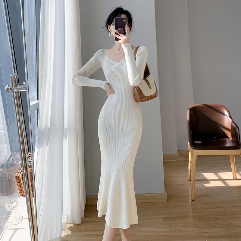 Đầm Len Dệt Kim Cổ V Dáng Ôm Đuôi Cá Cho Nữ AL50 - Hàng Quảng Châu Cao Cấp