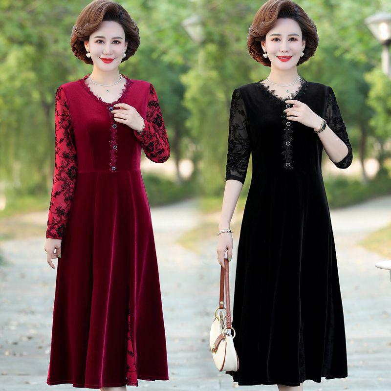  Váy Nhung Dài Tay Mùa Thu Phối Ren Cho Mẹ VH90 - Hàng Quảng Châu Cao Cấp