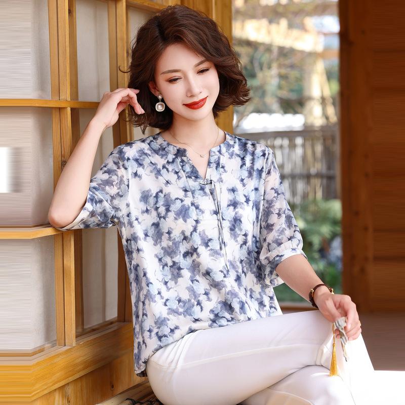 Áo Sơ Mi Lụa In Họa Tiết Cho Mẹ SM109 - Hàng Quảng Châu Cao Cấp